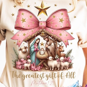 Greatest Gift of all PNG, Bow Nativity Png, Coquette Christmas Sublimation, Christian Coquette PNG, Jesus Manger Png, Bow Manger Png