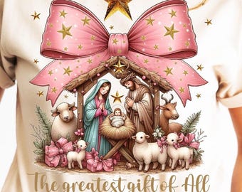 Greatest Gift of all PNG, Bow Nativity Png, Coquette Christmas Sublimation, Christian Coquette PNG, Jesus Manger Png, Bow Manger Png