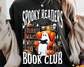 Spöklika läsarbokklubb png, spökläsningsbok png, Halloween-bokhylla png, svart katt och bok png, söt spökläsning png, Halloween png