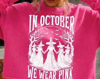 In October we Wear Pink Png, Pink Halloween Witch PNG: Breast Cancer Awareness (Digital Download)