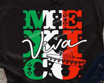 May include: A black t-shirt with a graphic design of the word "Mexico" in green, white, and red, with a sombrero and the text "Viva" in cursive. The text "SVG + DXF + EPS + PNG + JPG" is at the bottom of the design.
