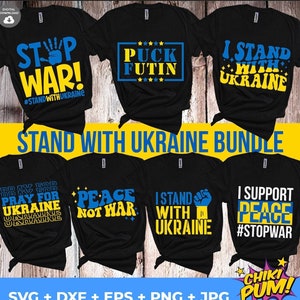 May include: A set of 6 digital designs featuring t-shirts with slogans related to the war in Ukraine. The slogans include "Stop War! #StandWithUkraine", "Puck Futin", "I Stand With Ukraine", "Pray For Ukraine", "Peace Not War", "I Stand With Ukraine", and "I Support Peace #StopWar".
