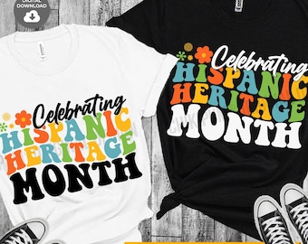 Puede incluir: Dos diseños de camisetas con el texto "Celebrating Hispanic Heritage Month" en una fuente retro y colorida. Los diseños están en camisetas blancas y negras.