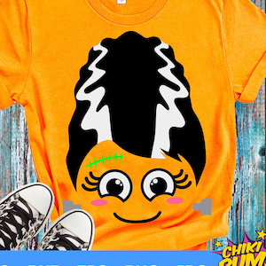 May include: Orange t-shirt with a black and white graphic of a Frankenstein monster with a cute face. The text "chiki pum!" is in a starburst shape on the bottom right corner of the shirt. The text "SVG + DXF + EPS + PNG + JPG" is at the bottom of the image.