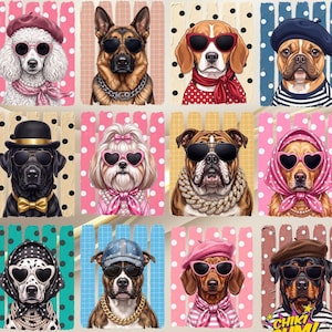 May include: A digital illustration bundle featuring twelve dogs in various outfits and accessories, including berets, sunglasses, scarves, and jewellery, set against colourful patterned backgrounds with the text CHIKI PUM at the bottom.