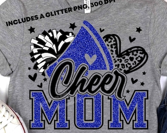 Cheer Mom Svg, Football Leopard Print Heart Svg, Leopard Glitter Blue Cheerleader Svg, Cheer Varsity Svg, Iron On Png