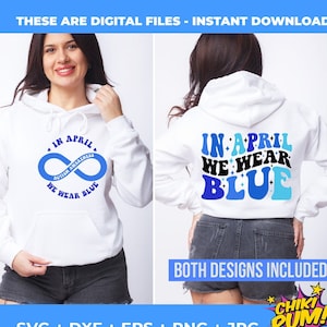 Em abril, usamos SVG azul, SVG de conscientização sobre autismo, SVG de autismo, texto ondulado, sublimação de PNG de conscientização sobre autismo - designs de frente e verso