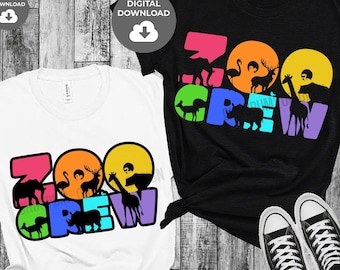 May include: Two t-shirt designs featuring the text "Zoo Crew" in rainbow colours with animal silhouettes inside each letter. The designs are available as SVG, DXF, EPS, PNG, and JPG files.