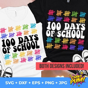 Puede incluir: Dos diseños para una camiseta de 100 días de escuela. Un diseño presenta marcas de hash de color arcoíris y el texto "100 días de escuela" en negro. El otro diseño presenta marcas de hash negras y el texto "100 días de escuela" en blanco.