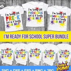 以下が含まれることがあります： Tシャツ用のアイロン転写デザインを作成するための、SVG、DXF、EPS、PNG、JPGの10ファイルセット。デザインにはカラフルなペイントの飛び散りと、「[学年]の準備はできてるけど、[学年]は私の準備ができてるかな？」というテキストが、幼稚園、小学校、1年生から5年生まで含まれています。