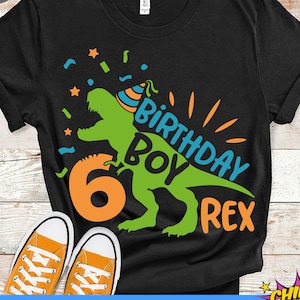 Dinosaurio cumpleañero 6 Svg, diseño de camiseta para niño de sexto cumpleaños, diseño de camiseta de T-Rex de 6 años, archivo de corte SVG Cricut, PNG para sublimación/DTF