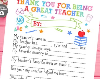 May include: Printable thank you card for a teacher with a colorful design and fill-in-the-blank lines for students to write about their teacher. The card says "Thank you for being a great teacher".
