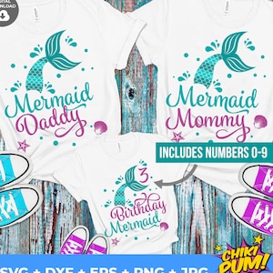 Sirène anniversaire famille Bundle svg, svg queue de sirène, sirène fille svg, t-shirt fête sirène (inclure les numéros)