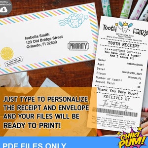 Recibo y sobre editables del Hada de los Dientes, PDF imprimible y editable, Sorpresa del Hada de los Dientes, diente perdido, recibo, Descarga digital