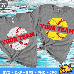 Pode incluir: Duas camisetas cinzas com um design de softball branco e vermelho e o texto "YOUR TEAM". Uma camiseta tem um design de softball amarelo.
