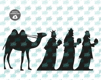 May include: Black silhouette of three wise men walking towards a camel. The men are wearing robes and crowns. The camel is carrying a saddle and has a long neck. The image is set against a white background with a repeating pattern of blue and white text.