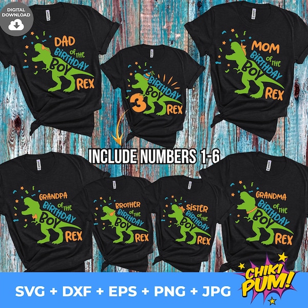 Dinosaurio cumpleaños niño familia paquete svg, familia saurus svg, niños T Rex fiesta svg, dxf, eps, png, diseño de camisa dino, silueta cricut