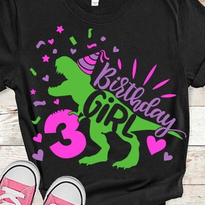 Dinossauro Aniversário Menina 3 Svg, Terceiro Aniversário Menina T-shirt Design, 3 Anos T-Rex Camisa Design SVG Cricut arquivo de corte, PNG para sublimação/DTF