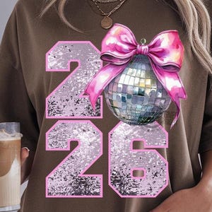 Coquette rose nouvel an 2026 Png, Nouvel An rétro Png, boule disco Png, nouvel an nouvel an moi PNG, bonjour 2026 PNG, coquette noeud pailleté scintillant 2026