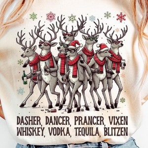 Dasher Dancer Prancer Vixen Whiskey Vodka Tequila Blitzen PNG, PNG di Natale divertente, PNG di Natale retrò, Sublimazione festiva