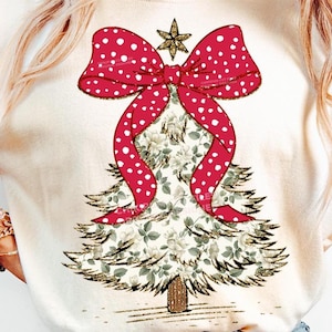 Gran coqueta milenaria con purpurina dorada, árbol de Navidad PNG, árbol de Navidad verde chinoiserie, pincelada de lazo navideño para niñas, dálmata rojo