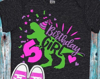 Dinosaurier Birthday Girl 5 SVG PNG: T-Rex Shirt Design Schnittdateien (Digitaler Download)