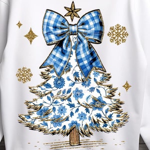 Árbol de Navidad con purpurina dorada y coqueta milenaria PNG, árbol de Navidad azul chinoiserie, Navidad para niñas dtf arco pincelada cuadros azules