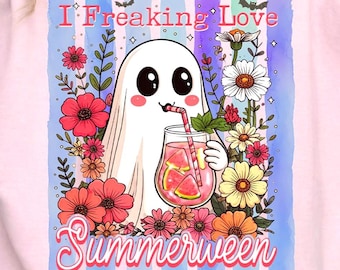 Retro Summerween Ghost PNG: Striped Halloween Cute Ghost Cocktail Shirt Design PNG