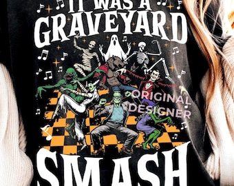 Monstruos retro de Halloween PNG: Diseño de camiseta divertida Graveyard Smash listo para imprimir mediante sublimación/DTF