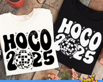 May include: Two white t-shirts with black text and a disco ball graphic. The text on the shirts reads "HOCO 2025".