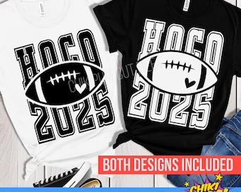 May include: Two white and black t-shirt designs featuring a football with the text "HOCO 2025".