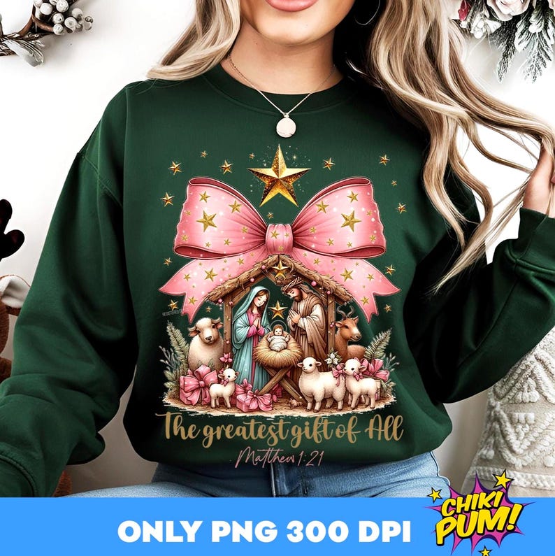 Greatest Gift of all PNG, Bow Nativity Png, Coquette Christmas Sublimation, Christian Coquette PNG, Jesus Manger Png, Bow Manger Png