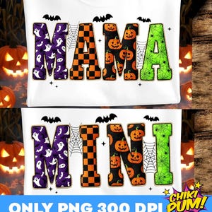 May include: Two white t-shirts with Halloween-themed text. The top shirt says "MAMA" with purple ghost-filled letters, orange checkered letters, and pumpkin-filled letters. The bottom shirt says "MINI" with similar designs. Bats and spiderwebs are also present. The bottom of the image says "ONLY PNG 300 DPI".