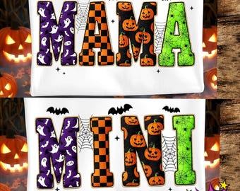 Fall Mama PNG, Mini PNG, Halloween Patchwork Letters Clipart, Pumpkin Leopard Checkered Sublimation, Cozy Autumn Shirt (Digital Download)