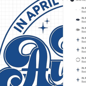May include: Blue and white graphic design with the text "IN APRIL" in a circle around the letter "A".