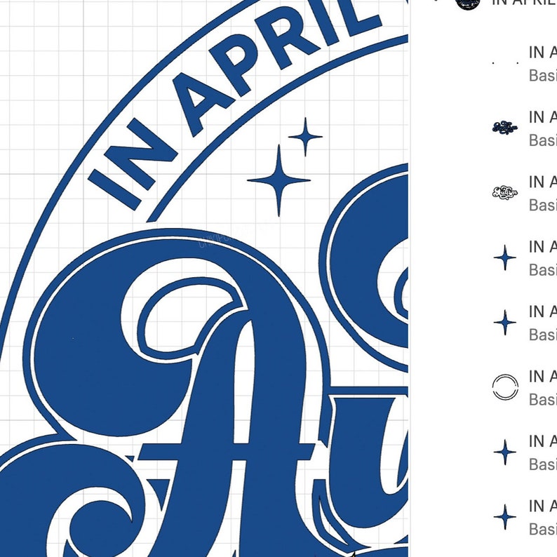 May include: Blue and white graphic design with the text "IN APRIL" in a circle around the letter "A".