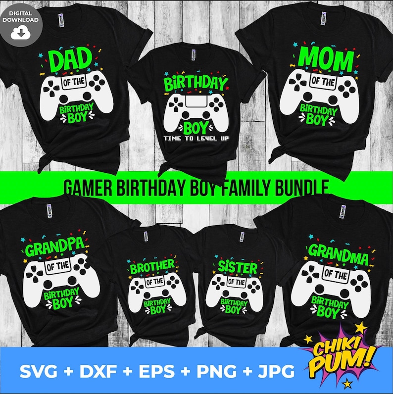 May include: A set of six black t-shirts with a gamer theme. The shirts feature a white video game controller with the text "Dad of the Birthday Boy", "Mom of the Birthday Boy", "Grandpa of the Birthday Boy", "Grandma of the Birthday Boy", "Brother of the Birthday Boy", and "Sister of the Birthday Boy". The shirts are perfect for a family celebrating a birthday.