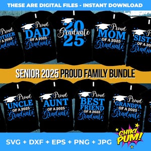 Trotse afgestudeerde familie 2025 SVG-bundel, senior familie svg, afstuderen SVG-bundel, trotse senior SVG, klasse van 2025 png, afgestudeerde blauwe matching