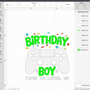 May include: A green and white birthday design with the words "Birthday Boy" and "Time to Level Up". The design features a video game controller with confetti and stars.