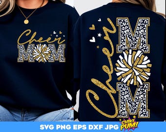 SVG de mamá animadora, SVG de fútbol con estampado de leopardo, SVG de animadora dorada con purpurina, SVG de camisetas de grupo de animadoras, PNG para planchar