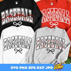 May include: Four sweatshirts in black, red, white, and gray, each featuring the text "BASEBALL mom" in a bold, outlined font with baseball stitching details. A black bow is below the text. The sweatshirts are a crew neck style.