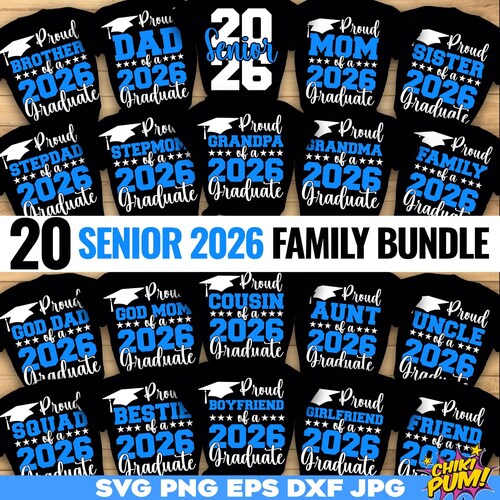 Stolze graduierte Familie 2026 SVG-Bundle, Senior Familie SVG, Abschluss SVG-Bundle, stolzer Senior SVG, Klasse von 2026 Png, graduierter Blau