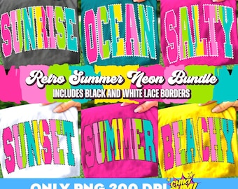 Paquete de imágenes PNG de verano neón retro, gráficos de camisetas de verano de moda, descarga digital