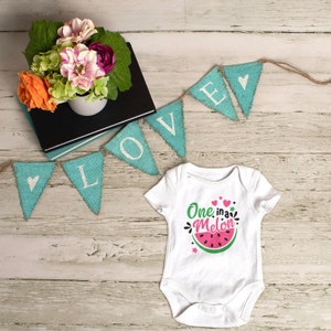 May include: White baby onesie with a watermelon graphic and the text "One in a Melon". The onesie is surrounded by a blue and white bunting with the word "LOVE" on it.