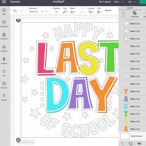 Puede incluir: Un dise&ntilde;o digital para un proyecto artesanal con el texto "HAPPY LAST DAY OF SCHOOL" en letras de colores rodeadas de estrellas y puntos.