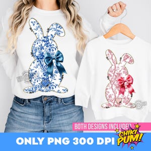 Chinoiserie Bunny PNG, Blau-Rosa-Toile-Ostern-Kaninchen-PNG, Frohe Ostern PNG, Grand Millennial Ostern Png, Kokett-Häschen Png