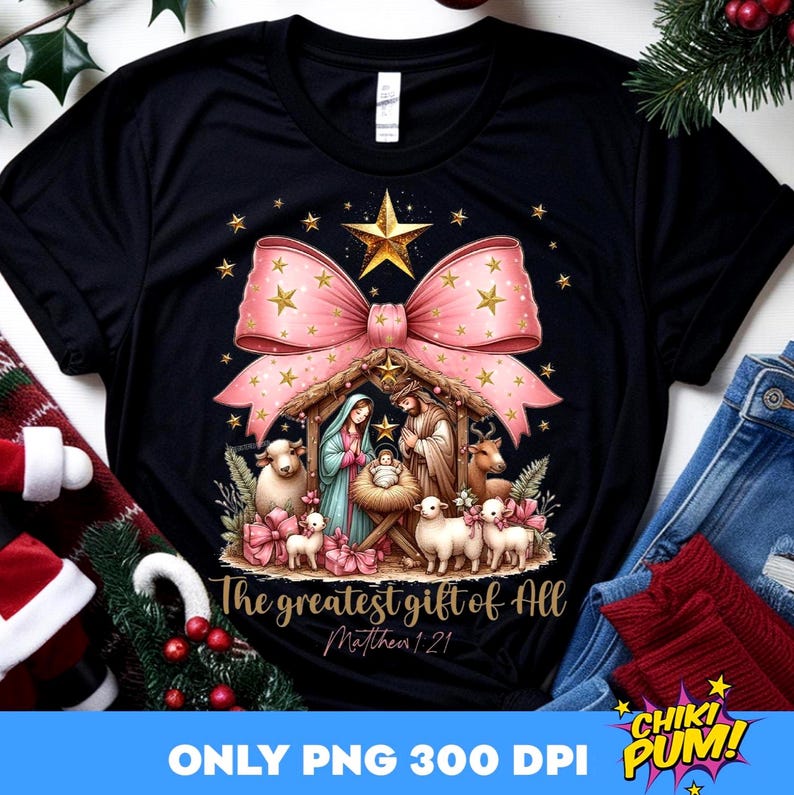 Greatest Gift of all PNG, Bow Nativity Png, Coquette Christmas Sublimation, Christian Coquette PNG, Jesus Manger Png, Bow Manger Png
