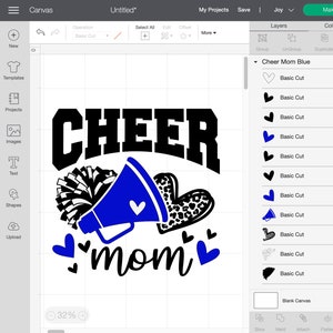 May include: A blue and black design for a cheer mom with the words "CHEER MOM" and a megaphone, pom pom, and hearts.