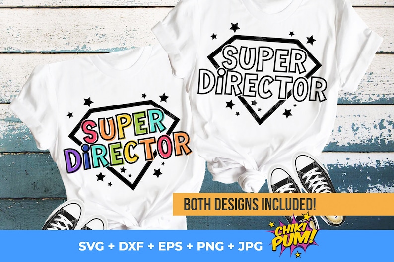 May include: Two white t-shirts with the text "SUPER DIRECTOR" in a colourful, comic book style. The text is inside a black diamond shape with stars around it. The text "BOTH DESIGNS INCLUDED!" is at the bottom of the image.