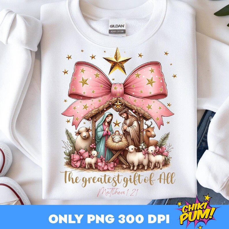 Greatest Gift of all PNG, Bow Nativity Png, Coquette Christmas Sublimation, Christian Coquette PNG, Jesus Manger Png, Bow Manger Png